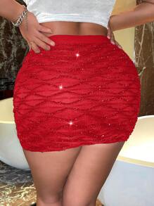 SHEIN SXY 高腰側收褶金屬亮絲包臀半身裙 - 紅色 - 查看 2