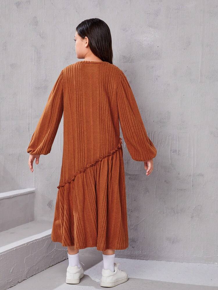 Tween Girl Letter Patched Lantern Sleeve Ruffle Hem Smock Dress