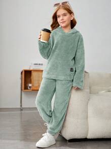 SHEIN Leap Crew Cô gái Tween Thư được vá Thả vai Flannel Áo Hoodie & Quần - Màu xanh Bạc hà - Xem 1