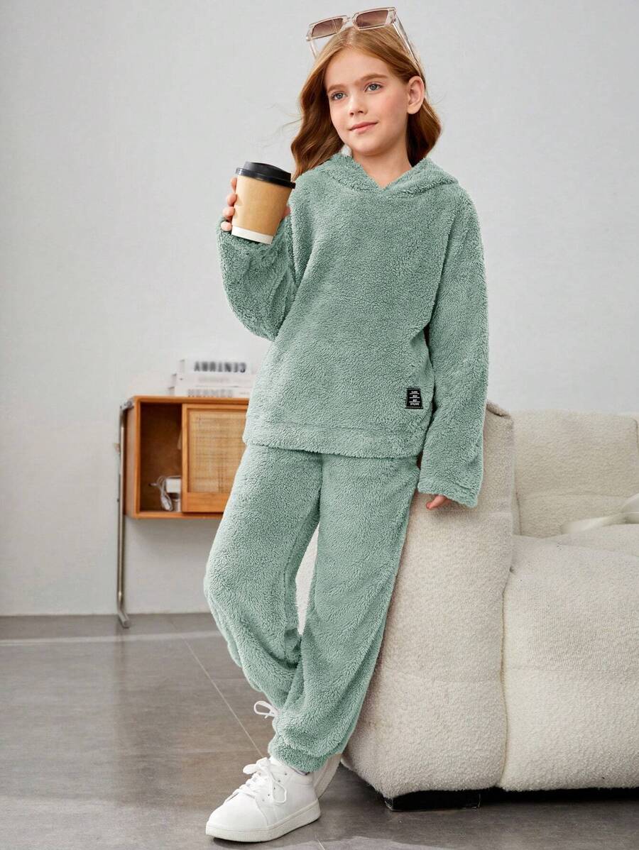 SHEIN Leap Crew Cô gái Tween Thư được vá Thả vai Flannel Áo Hoodie & Quần - Màu xanh Bạc hà - Xem 1