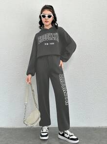 Teen Girl Letter Graphic Drop Shoulder Hoodie & Sweatpants - Grey - View 6