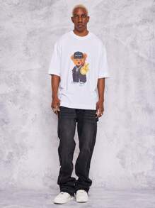 SUMWON 带有泰迪熊图案印花的超大版型 T 恤 - 白色 - 查看 5