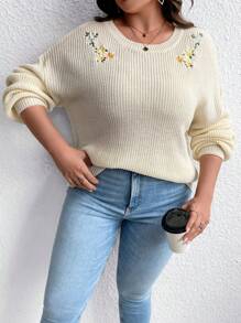 SHEIN LUNE Plus Floral Embroidery Drop Shoulder Sweater - Apricot - View 1