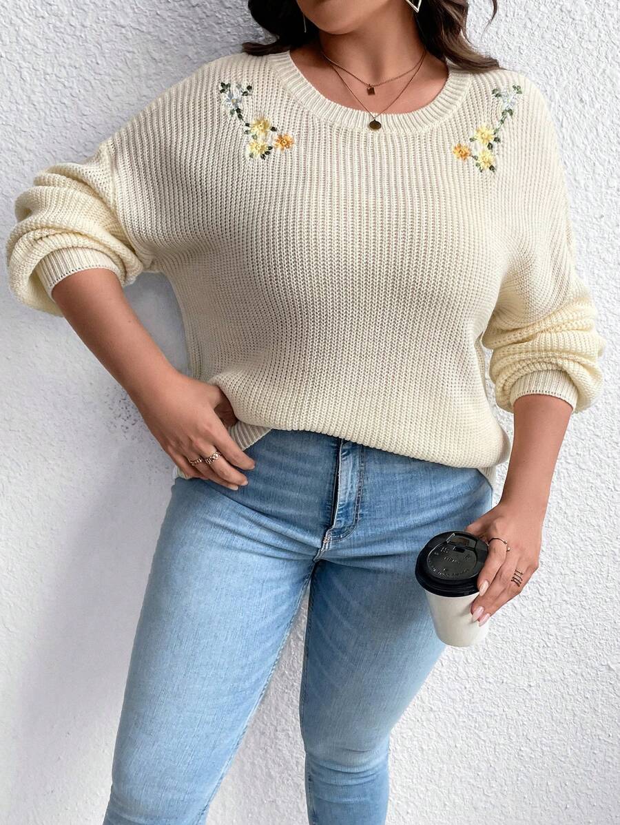 SHEIN LUNE Plus Floral Embroidery Drop Shoulder Sweater - Apricot - View 1