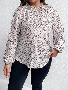 SHEIN LUNE Hơn In hoa Ditsy Cắt bỏ chi tiết Tay áo lồng đèn Áo sơ mi - Màu be - Xem 5