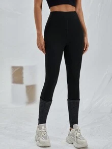 SHEIN EZwear 素色寬腰帶緊身打底褲 - 黑色 - 查看 4
