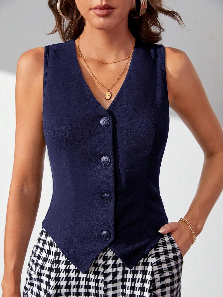 SHEIN Tall Solid Button Front Vest Blazer In Fall/Winter - Navy Blue - View 1