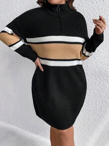 SHEIN LUNE 大碼撞色1/4拉鍊落肩袖毛衣洋裝 - 彩色 - 查看 3