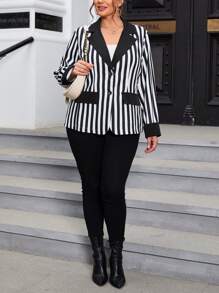 SHEIN Privé Plus Striped Print Lapel Neck Blazer - Black and White - View 5