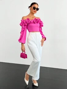 SHEIN Privé Off Shoulder Ruffle Trim Lantern Sleeve Going Out Black Crop Top - Hot Pink - View 3