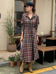 Dazy Star In kẻ sọc Nút phía trước Eo dây rút Váy sơ mi - Nhiều màu - Xem 5