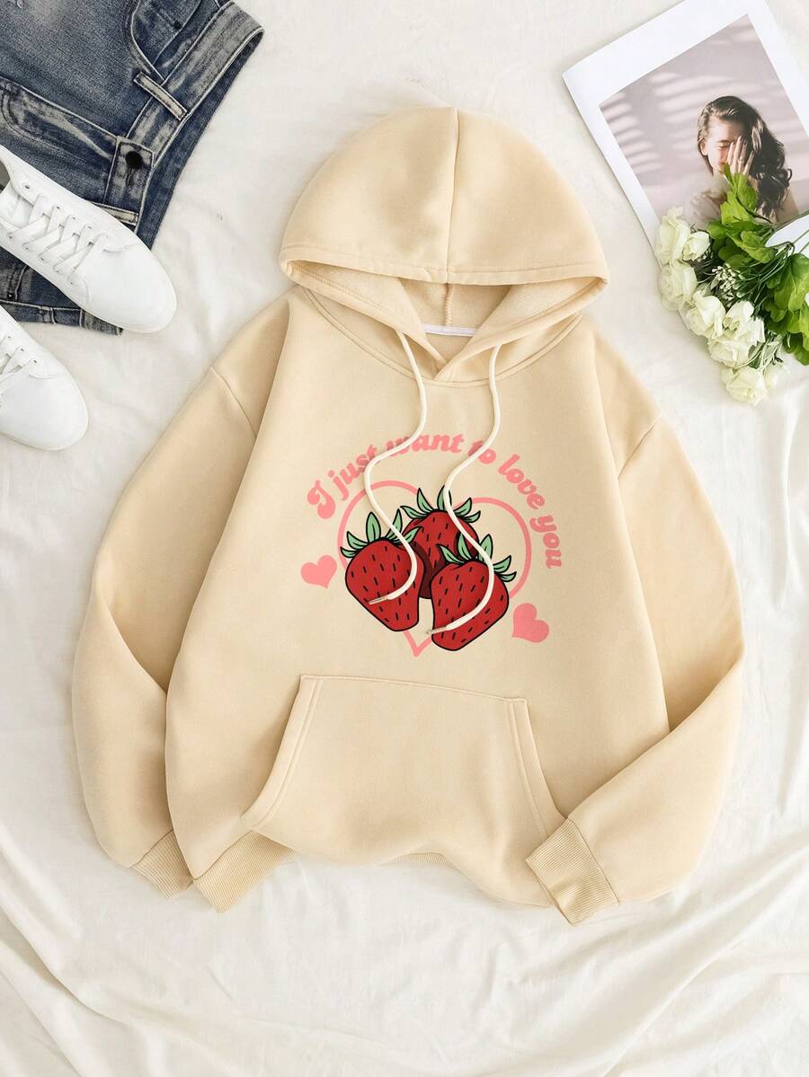 SHEIN Essnce Dâu tây & Đồ họa Chữ cái Túi kangaroo Dây rút Lót nhiệt Hoodie - Màu be - Xem 1