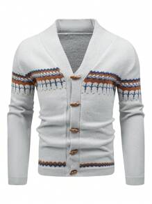 Manfinity Homme 男士幾何圖案前紐扣開襟衫 - 灰色 - 查看 1