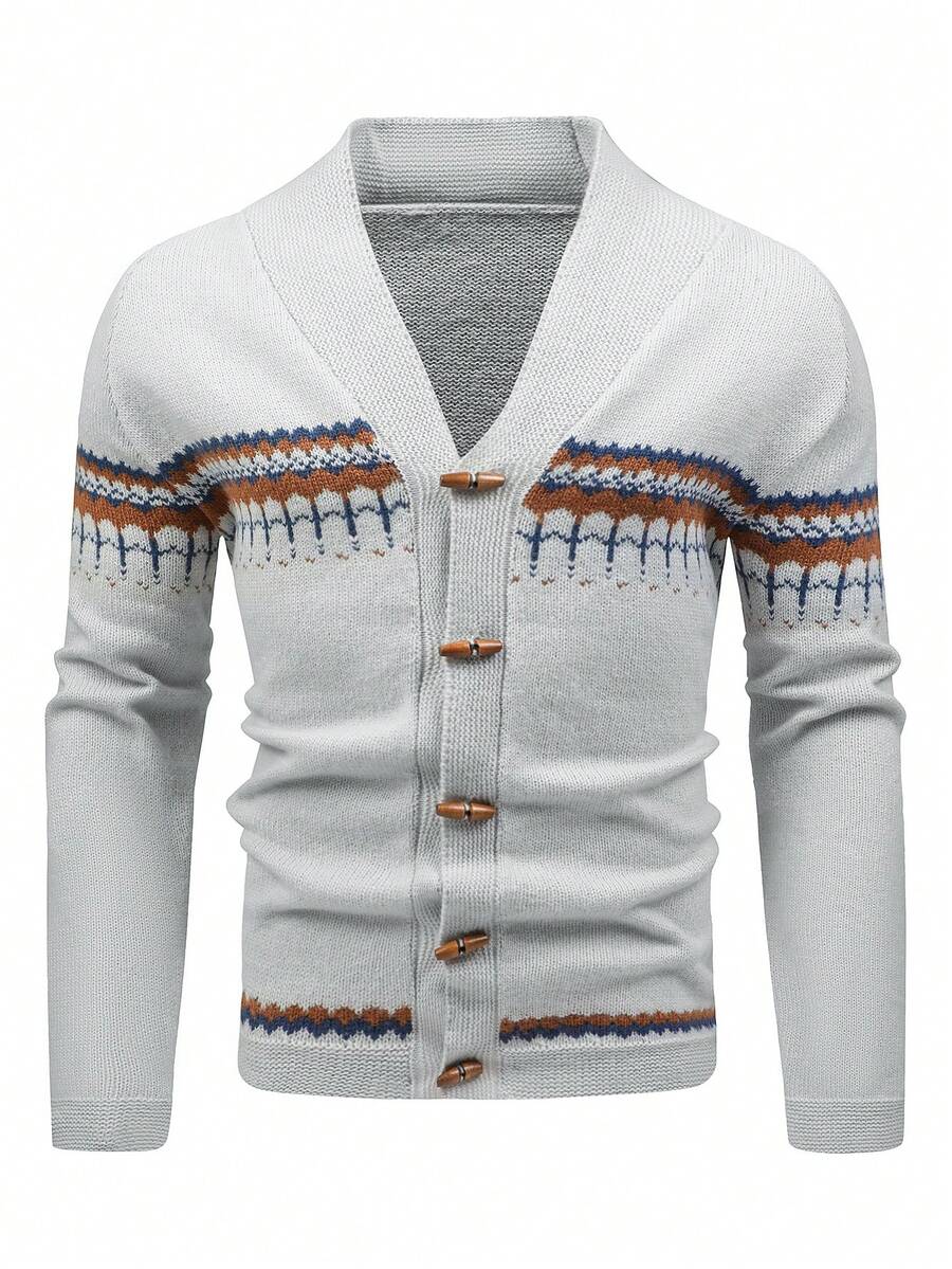 Manfinity Homme 男士幾何圖案前紐扣開襟衫 - 灰色 - 查看 1