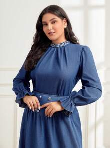 Mulvari Plus Pearls Beaded Flounce Sleeve Denim Top - Dark Wash - View 5