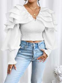 SHEIN Privé Nếp may phóng đại Cắt tỉa Tay áo lồng đèn Áo sơ mi Crop - trắng - Xem 1