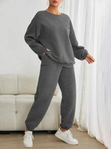 SHEIN EZwear Letter Patched Drop Shoulder Sweatshirt & Sweatpants - Dark Grey - View 4