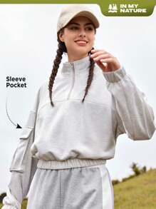 In My Nature Letter Graphic Half Zip Flap Pocket Outdoor Sweatshirt - Grey - View 1