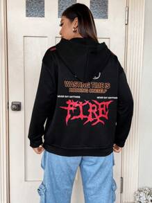 Flirla 加大码标语印花落肩套头卫衣 秋季卫衣 - 黑色 - 查看 4