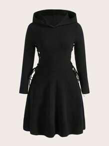 SHEIN Essnce Solid Drawstring Side Hooded Dress - Black - View 7
