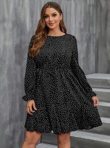 SHEIN LUNE Kích thước lớn Chấm bi In Eo dây rút Đầm - Đen và trắng - Xem 5