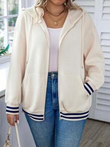 Calvaya Plus Size Contrast Color Striped Drawstring Hooded Sweatshirt, Casual Autumn/Winter - Apricot - View 5