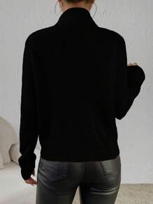 SHEIN Essnce Một nửa khóa kéo Đồ đan Ribbed Áo len - màu đen - Xem 2