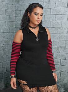 ROMWE PUNK Plus Striped Print Half Zip Cold Shoulder Top - Black - View 6
