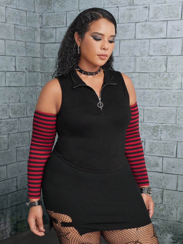Plus Striped Print Half Zip Cold Shoulder Top