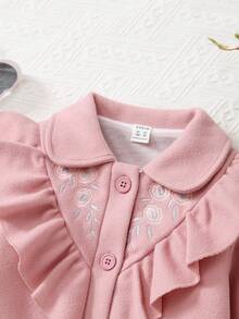 SHEIN 女孩荷葉邊口袋貼布荷葉邊前紐扣花呢外套 - 粉色 - 查看 3
