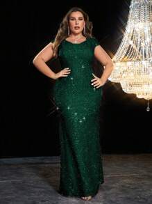 Plus Mermaid Hem Sequin Prom Dress - Dark Green - View 1