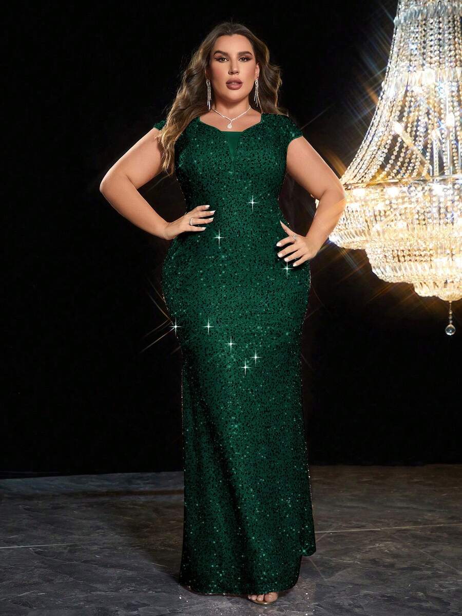Plus Mermaid Hem Sequin Prom Dress - Dark Green - View 1