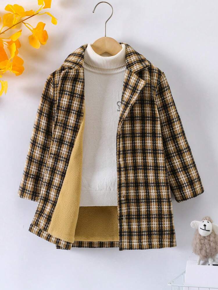 Young Boy Plaid Print Thermal Lined Overcoat Without Sweater