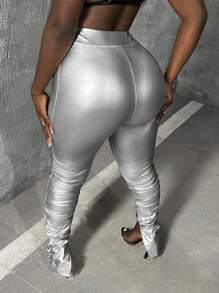 Slaydiva High Waist Ruched Side Ruched Hem PU Leather Leggings