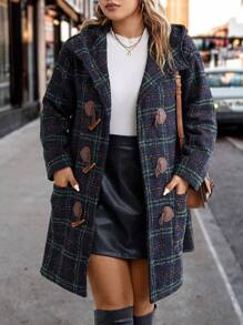 SHEIN LUNE Áo khoác trùm đầu kẻ caro hai túi Plus, cho mùa đông - màu đen - Xem 4