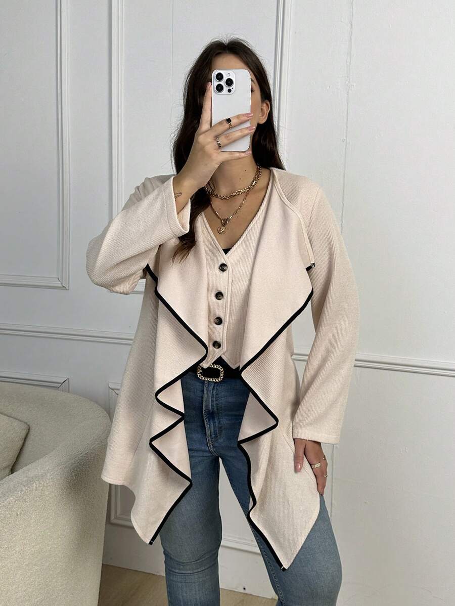 SHEIN Clasi Plus Contrast Binding Waterfall Collar Coat - Apricot - View 1