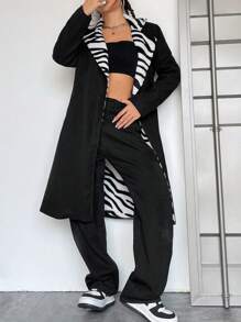 SHEIN EZwear 斑馬條紋西裝領斜口袋花呢外套 - 黑與白 - 查看 5