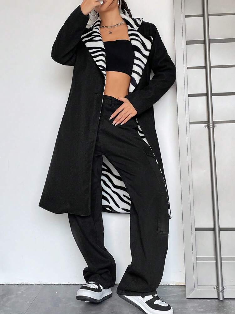 Zebra Striped Lapel Neck Slant Pocket Overcoat