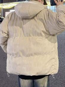 Men Letter Patched Drawstring Hem Hooded Padded Coat - Grey - View 2