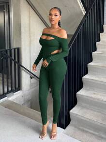 SHEIN SXY 一字肩不對稱下擺短款上衣&緊身打底褲 - 墨綠色 - 查看 4