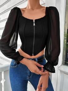 EURMUSE Mesh Flare Sleeve Zip Up Crop Top - Black - View 1