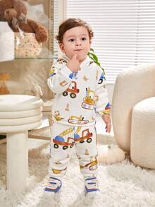 SHEIN 男嬰卡通圖案連帽衫和運動褲 - 杏色 - 查看 11