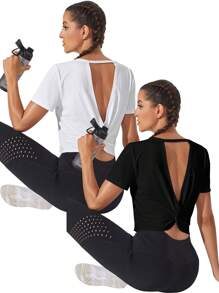 Gameset SHEIN Sport Bộ 2 áo thun thể thao hở lưng khoét sâu dành cho nữ tập gym - Nhiều màu - Xem 4