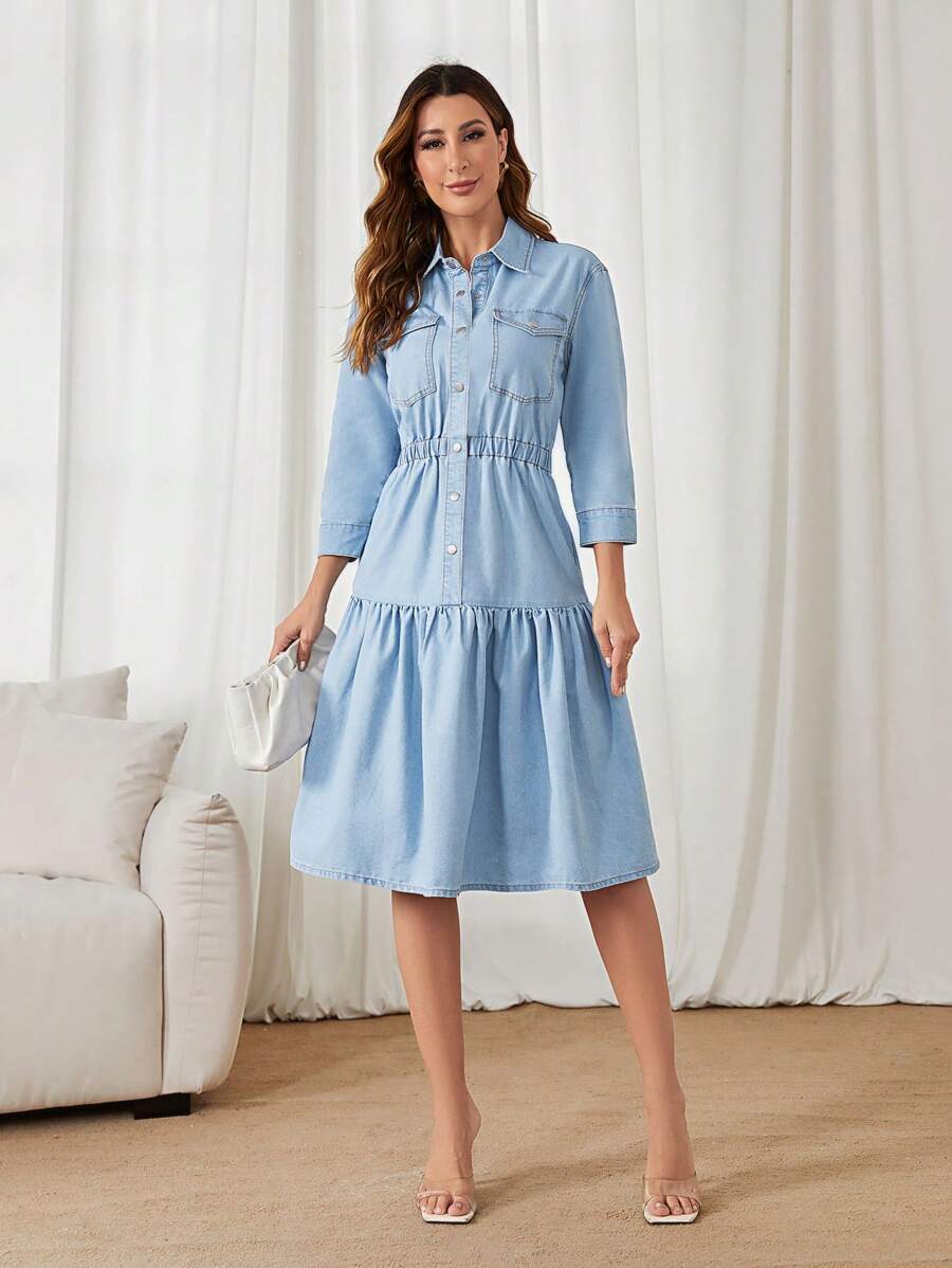 SHEIN Privé Flap Pocket Ruffle Hem Denim Dress - Light Wash - View 1