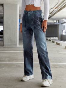 SHEIN EZwear High Waist Straight Leg Jeans - Multicolor - View 1