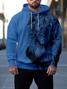 Manfinity LEGND 男士大码獅子圖案袋鼠口袋抽繩連帽衫 - 藍色 - 查看 1