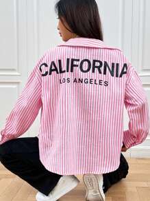 SHEIN EZwear Striped & Letter Graphic Drop Shoulder Shirt - Pink - View 1