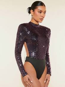 SHEIN BAE 鏈條細節露背亮片連身背心 - 中紫紅色 - 查看 6