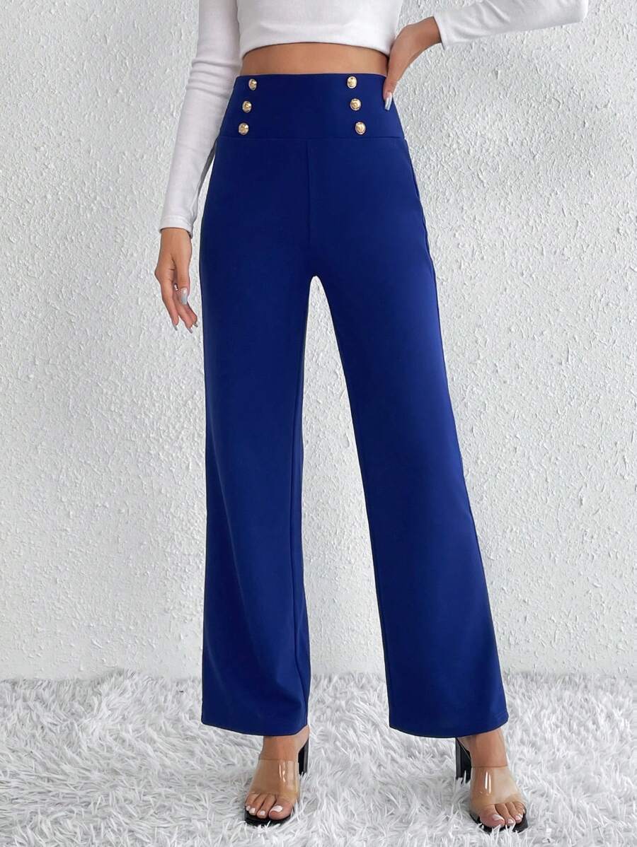 SHEIN Tall 高腰紐扣細節直筒褲 - 藍色 - 查看 1