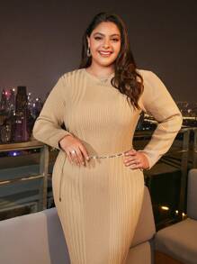 SHEIN Frenchy Plus Solid Ribbed Knit Bodycon Dress - Khaki - View 6